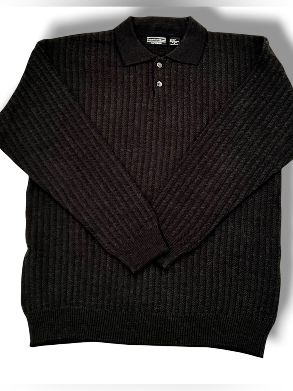 Preswick & Moore Black Ribbed Polo Sweater Men XL Made In ITALY Wool Blend Knit